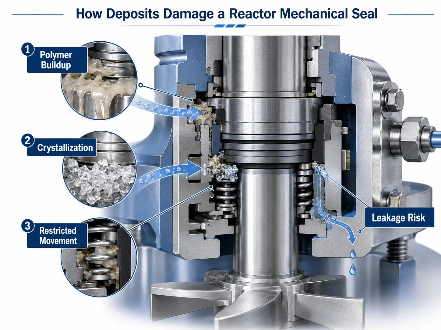 How polymer buildup and crystallization damage a reactor mechanical seal and cause leakage