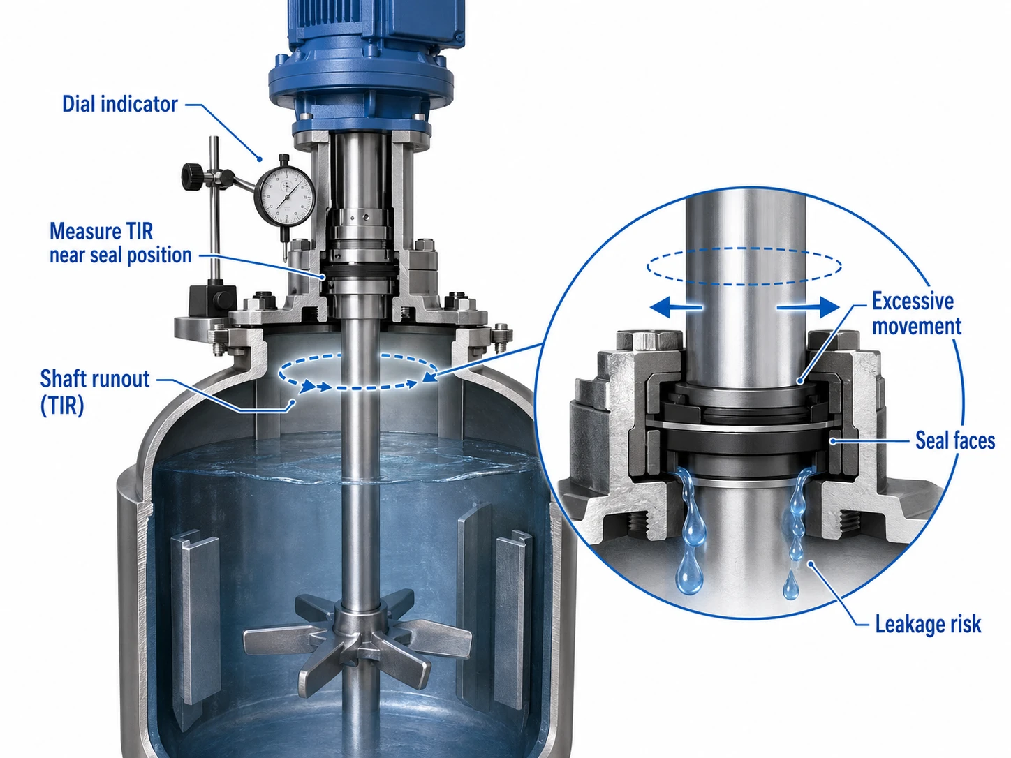 Top-entry reactor mechanical seal shaft runout TIR measurement showing agitator shaft movement and seal face leakage risk